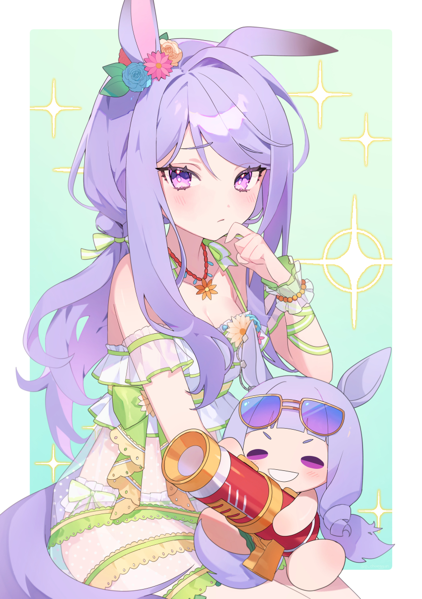 1girl absurdres alternate_hairstyle animal_ears blush breasts character_doll cleavage closed_mouth collarbone glasses gold_ship_(run_revolt_launcher)_(umamusume) gold_ship_(umamusume) highres horse_ears horse_girl jewelry looking_at_viewer low_twintails mejiro_mcqueen_(ripple_fairlady)_(umamusume) mejiro_mcqueen_(umamusume) necklace official_alternate_costume p_changgun purple_eyes purple_hair simple_background small_breasts solo swimsuit tracen_swimsuit twintails umamusume