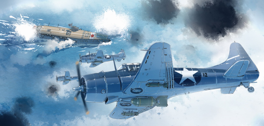 aircraft aircraft_carrier airplane akagi_(aircraft_carrier) battle battle_of_midway bomb bomber carrier dive_bomber douglas_sbd explosive imperial_japanese_navy japanese_flag machinery military military_vehicle navy ocean original perspective pilot real_life sbd_dauntless ship siqi_(miharuu) sky smoke star_(symbol) united_states_navy vehicle_focus war warship watercraft world_war_ii