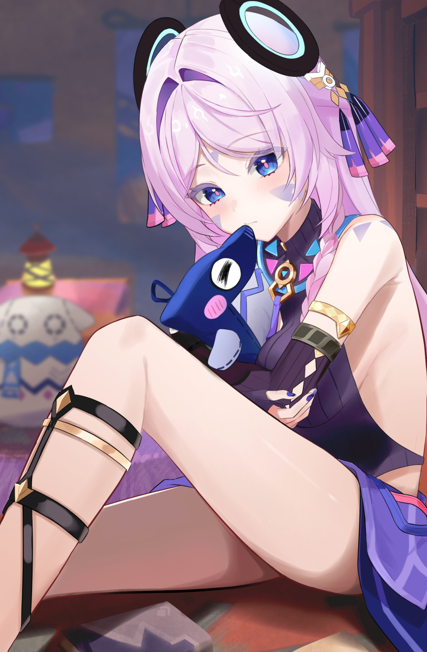 1girl bare_shoulders black_gloves blue_eyes blush braid breasts citlali_(genshin_impact) citlalin_(genshin_impact) closed_mouth commentary ekaki_hagoromo facial_mark fingerless_gloves fingernails floating_headgear forehead_mark from_side genshin_impact gloves headgear highres holding indoors itzpapa_(genshin_impact) long_hair looking_at_viewer medium_breasts multicolored_hair nail_polish pink_hair pink_pupils purple_hair purple_nails sleeveless solo twin_braids very_long_hair