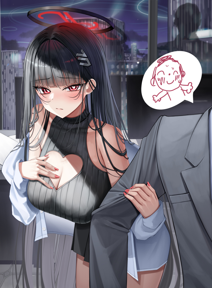 1boy 1girl absurdres alternate_costume bare_shoulders black_hair blue_archive blunt_bangs blush breasts bright_pupils building cleavage cleavage_cutout closed_mouth clothing_cutout commentary doodle_sensei_(blue_archive) dress formal_clothes hair_ornament hairclip hairpin halo heart_cutout highres holding_another&#039;s_arm hsxxx large_breasts long_hair looking_at_another multicolored_halo off_shoulder paper_on_head red_eyes red_nails ribbed_dress ringed_eyes rio_(blue_archive) sensei_(blue_archive) shirt short_dress sleeveless sleeveless_dress solo_focus speech_bubble suit turtleneck turtleneck_dress two-tone_halo very_long_hair white_shirt