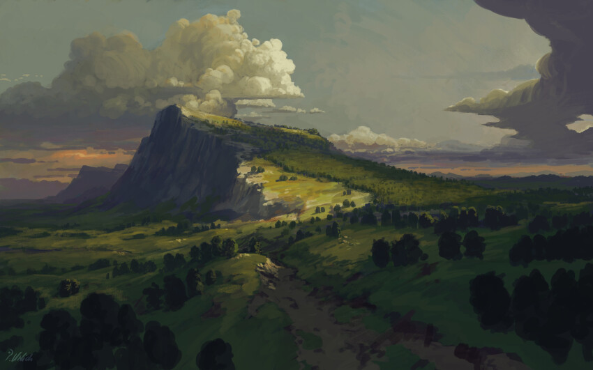 absurdres cloud commentary english_commentary evening grass highres landscape mountain nature no_humans original outdoors philipp_urlich scenery sky tree