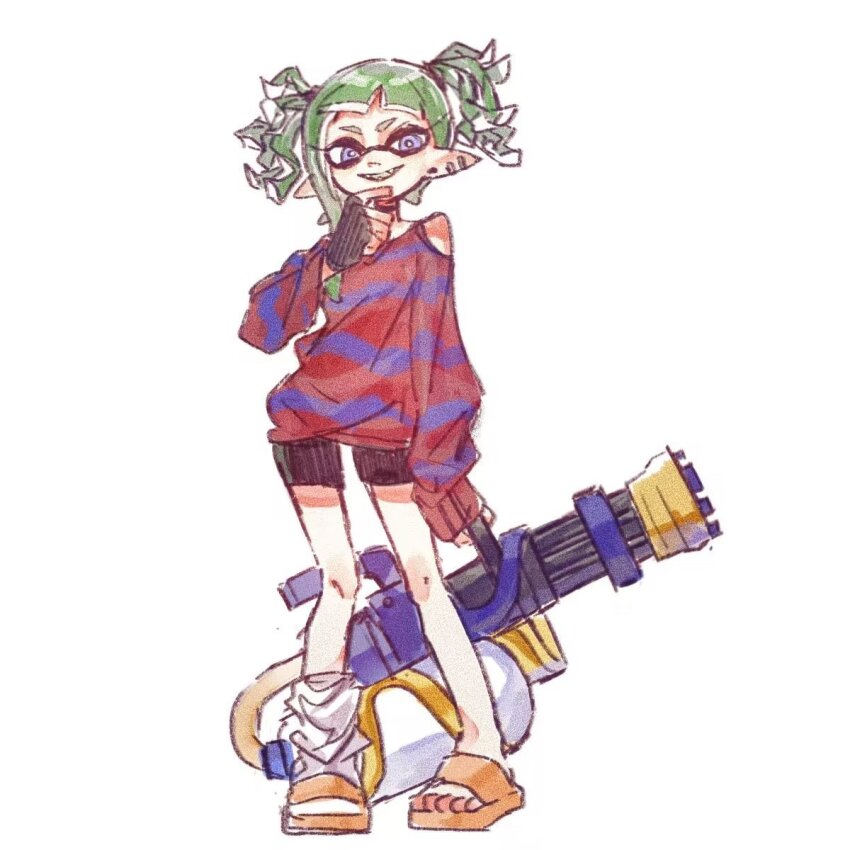 1girl bike_shorts black_choker black_gloves black_shorts blue_eyes bright_pupils choker clothing_cutout earrings fangs film_grain fingerless_gloves flip-flops full_body gloves green_hair gucandiyi52092 hand_up highres inkling inkling_girl inkling_player_character jewelry legs_apart long_sleeves mini_splatling_(splatoon) multiple_earrings nintendo open_mouth orange_sandals pointy_ears red_sole-chan_(splatoon) sandals shirt shorts shoulder_cutout simple_background single_bare_shoulder single_fingerless_glove single_loose_sock single_sock sleeves_past_wrists smile socks solo splatoon_(manga) splatoon_(series) standing striped_clothes striped_shirt tentacle_hair twintails white_background white_pupils white_socks