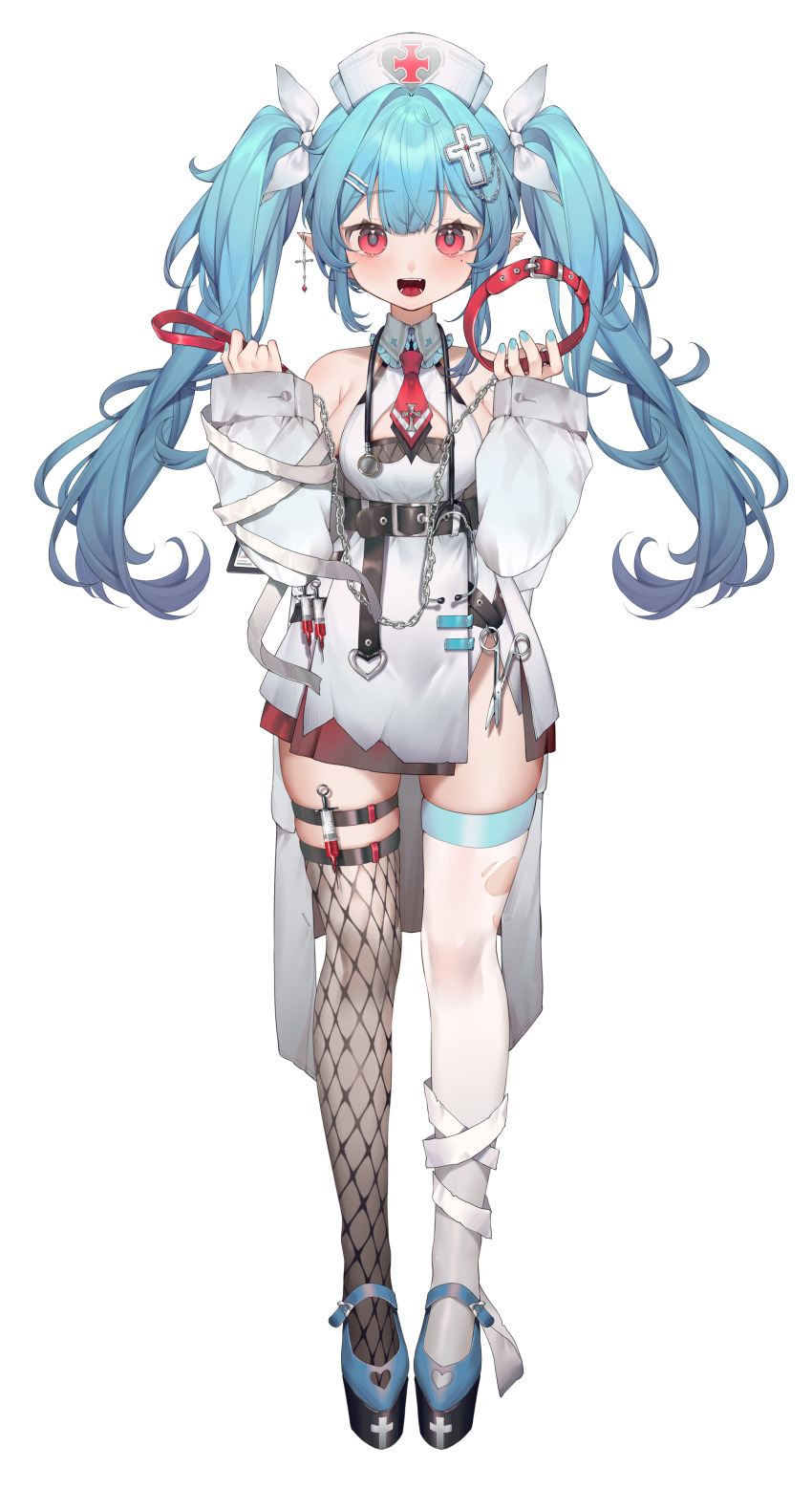 1girl :d absurdres asymmetrical_legwear bandaged_leg bandages bare_shoulders belt black_belt black_thighhighs blue_hair blue_nails blue_shoes bow breasts chain cleavage_cutout clothing_cutout coat collar collared_dress cross cross_earrings cross_hair_ornament cross_tattoo dress ear_piercing earrings fishnet_thighhighs fishnets frilled_collar frills full_body hair_bow hair_ornament hairclip hands_up hat highres holding holding_collar holding_leash id_card inori_(stardust_project) jewelry large_breasts leash long_hair looking_at_viewer mary_janes mismatched_legwear moriyama_meiko necktie nurse nurse_cap object_in_pocket off_shoulder official_art open_clothes open_coat open_mouth pen_in_pocket piercing pill_print platform_shoes pocket pointy_ears red_collar red_eyes red_necktie shoes short_dress shoulder_tattoo side_slit sideboob single_earring skindentation sleeveless sleeveless_dress smile solo standing stardust_project stethoscope straight-on surgical_scissors syringe tachi-e tattoo teeth thigh_strap thighhighs torn_clothes torn_thighhighs transparent_background twintails underbust unworn_collar virtual_youtuber white_bow white_coat white_dress white_thighhighs