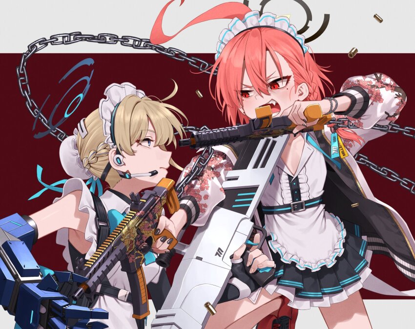 2girls ahoge assault_rifle blonde_hair blue_archive blue_eyes blue_halo bow bowtie braid bullpup caseless_firearm cleaning_&amp;_clearing_(blue_archive) earpiece greenkohgen gun h&amp;k_g11 halo highres huge_ahoge jacket mole mole_under_each_eye mole_under_eye multiple_girls multiple_moles neru_(blue_archive) orange_hair print_jacket red_eyes rifle sig_mpx sig_sauer single_braid submachine_gun sukajan tag toki_(blue_archive) weapon