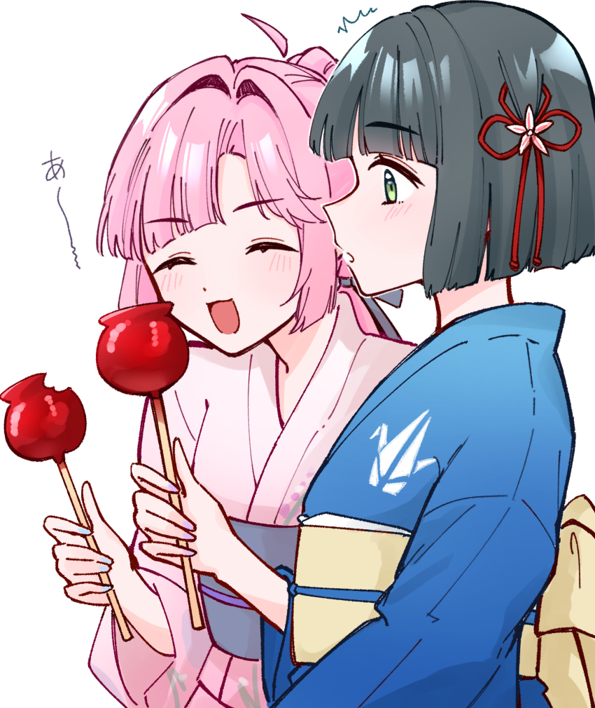 2girls ^^^ ^_^ ahoge anyoji_hime anyoji_hime_(hokkoku_hanabi) blue_kimono blue_nails blunt_bangs blunt_ends blush candy_apple closed_eyes commentary cropped_torso flower flower_knot food food_theft green_hair hair_flower hair_intakes hair_ornament highres holding holding_candy_apple holding_food japanese_clothes kimono link!_like!_love_live! long_hair long_sleeves love_live! momose_ginko momose_ginko_(hokkoku_hanabi) momose_ginko_(summer_casual) multi-tied_hair multiple_girls obi open_mouth pink_hair pink_kimono ponytail purple_nails revision sash short_hair sidelocks simple_background smile swept_bangs symbol-only_commentary translated virtual_youtuber white_background yellow_sash zangemiya