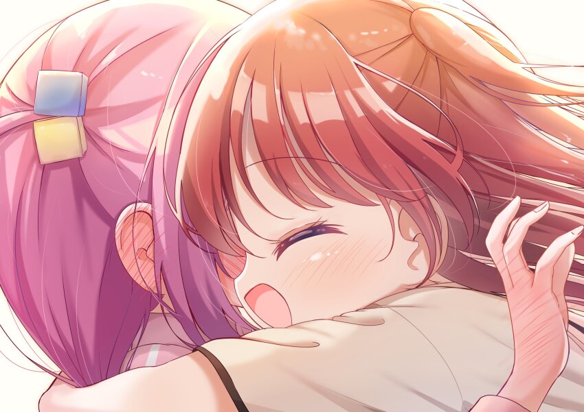 2girls absurdres ahoge blush bocchi_the_rock! closed_eyes ear_blush gotoh_hitori hair_ornament hand_blush haruiroha highres hug kita_ikuyo multiple_girls open_mouth pink_hair pink_shirt red_hair shirt short_sleeves smile white_background yuri