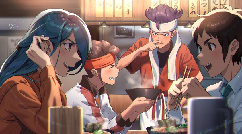 4boys apron aqua_hair brown_eyes brown_hair chopsticks collared_shirt dolustoy eating endou_mamoru green_necktie handa_shin&#039;ichi headband highres inazuma_eleven_(series) inazuma_eleven_go jacket kazemaru_ichirouta light_blush long_hair male_focus multiple_boys necktie orange_headband orange_shirt purple_hair red_shirt restaurant shirt short_hair tobitaka_seiya tucking_hair white_apron white_headband white_jacket white_shirt