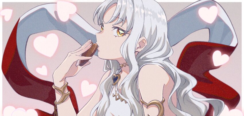1girl applechoc armlet bare_shoulders bracelet candy caren_hortensia caren_hortensia_(amor_caren) caren_hortensia_(amor_caren)_(first_ascension) chocolate chocolate_heart commentary_request dress fate/grand_order fate_(series) food grey_hair heart heart-shaped_food highres jewelry kiss long_hair looking_at_viewer parted_lips sleeveless sleeveless_dress solo white_dress yellow_eyes