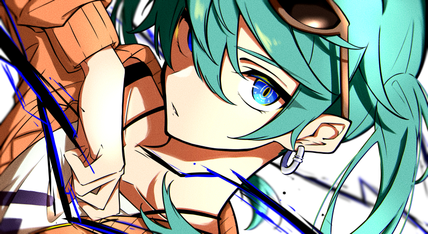 1girl absurdres blue_eyes cardigan collarbone commentary earrings eyewear_on_head flat_chest green_hair hatsune_miku highres jewelry long_hair looking_at_viewer nanashnojo open_cardigan open_clothes orange_cardigan shirt solo suna_no_wakusei_(vocaloid) thunder twintails upper_body vocaloid white_background white_shirt