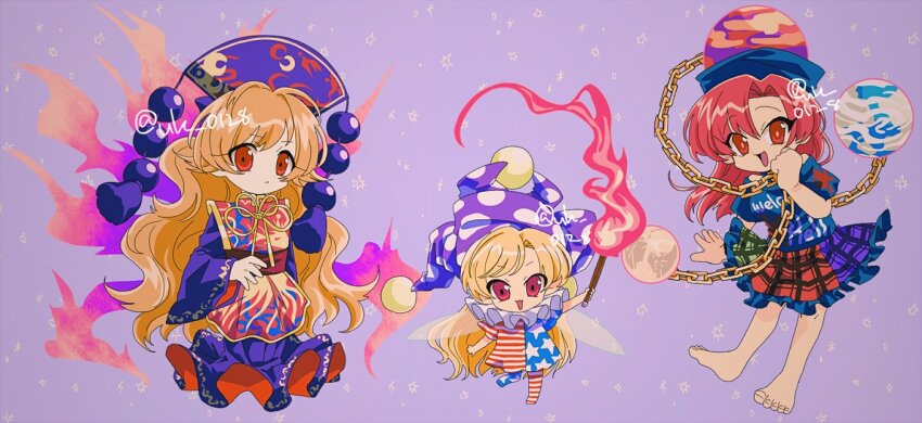 3girls :d alt_text american_flag american_flag_dress american_flag_legwear american_flag_print bare_shoulders barefoot black_dress black_shirt blonde_hair chain chibi closed_mouth clothes_writing clownpiece curtained_hair dalachi_(headdress) dress earth_(ornament) fire flag_print gold_chain green_skirt hat hecatia_lapislazuli holding holding_torch jester_cap junko_(touhou) long_dress long_hair long_sleeves looking_at_viewer moon_(ornament) multicolored_skirt multiple_girls neck_ruff no_shoes off-shoulder_shirt off_shoulder open_mouth plaid_clothes plaid_skirt purple_background purple_hat purple_skirt raya_(uk_0128) red_eyes red_hair red_skirt red_tabard shirt short_sleeves skirt smile star_(symbol) star_symbol_background t-shirt tabard torch touhou twitter_username very_long_hair wide_sleeves