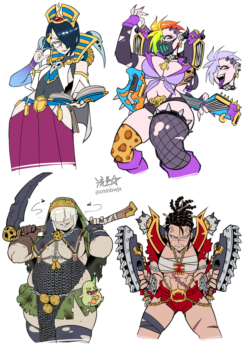 abs adeptus_astartes anger_vein armor asymmetrical_clothes asymmetrical_legwear axe blue_eyes book breasts brown_hair budget_sarashi bug cable chain_axe chainmail chaos_(warhammer) chaos_space_marine cleavage clenched_teeth colored_tongue contrapposto covered_navel death_guard delinquent dreadlocks ear_piercing earrings electric_guitar emperor&#039;s_children eyeshadow fat fat_woman fingerless_gloves fingernails fishnet_thighhighs fishnets fly gloves green_eyes grey_hair grin guitar hair_over_eyes hair_over_one_eye hat highres holding holding_axe holding_book holding_scythe insect instrument jewelry large_breasts long_skirt makeup mask miniskirt mismatched_legwear monocle mouth_mask multicolored_hair muscular muscular_female nail_polish noise_marines obese piercing pleated_skirt purple_eyeshadow purple_nails purple_tongue rainbow_hair red_shorts ryuusei_(mark_ii) sarashi scar scar_on_leg scar_on_stomach scythe sharp_fingernails sharp_teeth short_hair short_shorts shorts side_slit signature single_thighhigh skirt small_breasts smile spiked_ear_piercing sukeban teeth thighhighs thousand_sons tongue_piercing torn_clothes torn_skirt torn_thighhighs twitter_username undercut warhammer_40k world_eaters