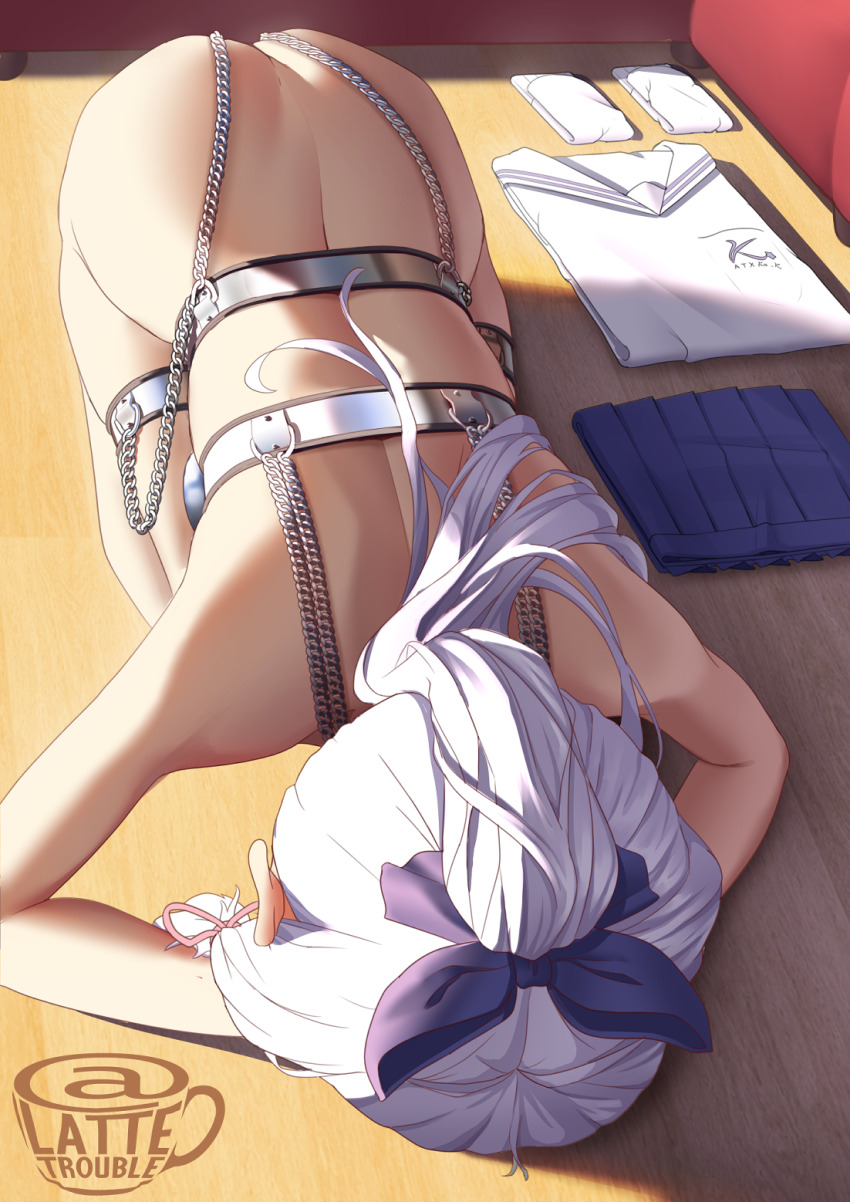 1girl all_fours artist_logo ass ayaka_(genshin_impact) bdsm bondage bound bow chain chastity_belt chastity_bra dogeza face_down folded_clothes genshin_impact hair_bow hair_ribbon high_ponytail highres kneeling lattetrouble logo naked_dogeza on_floor paid_reward_available ponytail prostration ribbon skirt slave socks solo top-down_bottom-up unworn_clothes unworn_skirt unworn_socks watermark white_hair wooden_floor