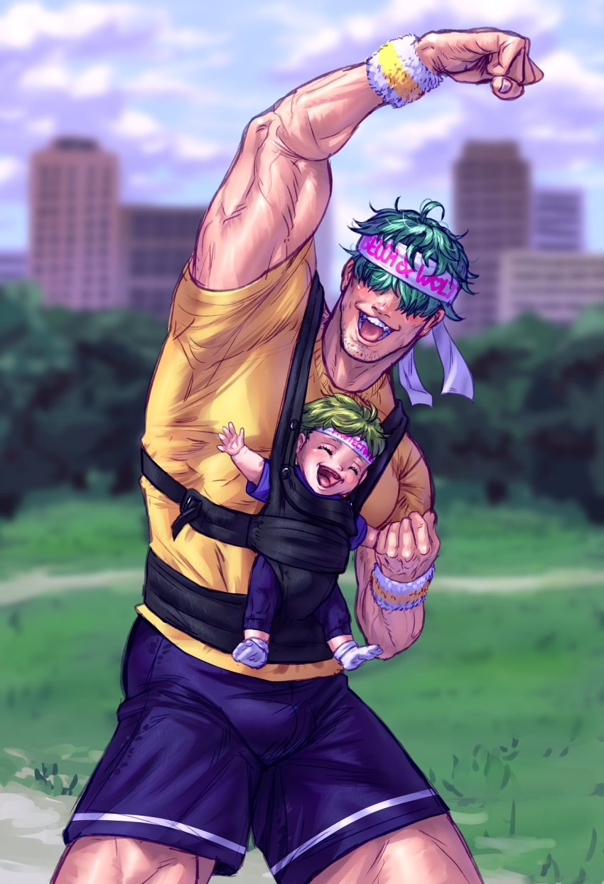 2boys aqua_hair baby black_shorts carless_(ppanic) cloud contemporary covered_eyes day fire_emblem fire_emblem:_the_blazing_blade fire_emblem_cipher green_hair hair_over_eyes headband highres large_pectorals lowen_(fire_emblem) male_focus multiple_boys muscular muscular_male nintendo open_mouth outdoors pectorals shirt short_hair shorts sky smile wolt_(fire_emblem) wristband yellow_shirt