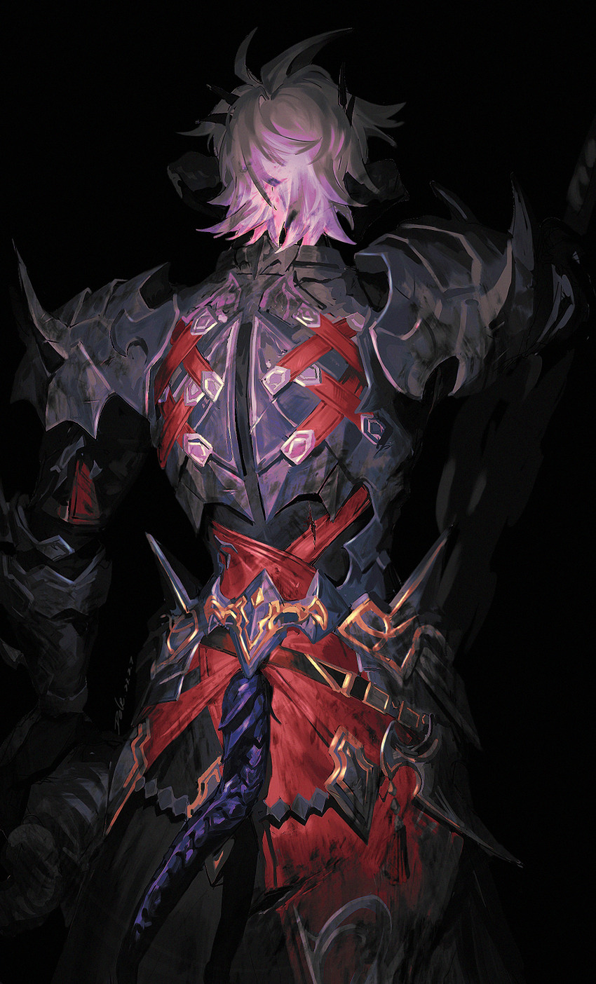 1boy armor au_ra black_background black_robe breastplate chinese_commentary clothing_cutout commentary_request cowboy_shot dark_knight_(final_fantasy) dated dele14375735 dragon_boy dragon_horns dragon_tail facing_away final_fantasy final_fantasy_xiv from_behind gauntlets highres holding holding_sword holding_weapon horns male_focus pauldrons robe short_hair shoulder_armor sidurgu_orl solo spikes sword tail tail_through_clothes weapon white_hair