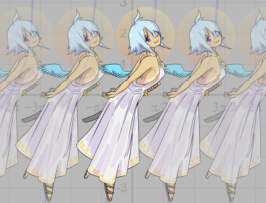 1girl ahoge arms_behind_back dress fang grid grin hair_over_one_eye highres looking_at_viewer math original purple_eyes sandals short_hair single_wing smile suweeka sword tan tangent_(suweeka) tanline translucent weapon white_dress wings