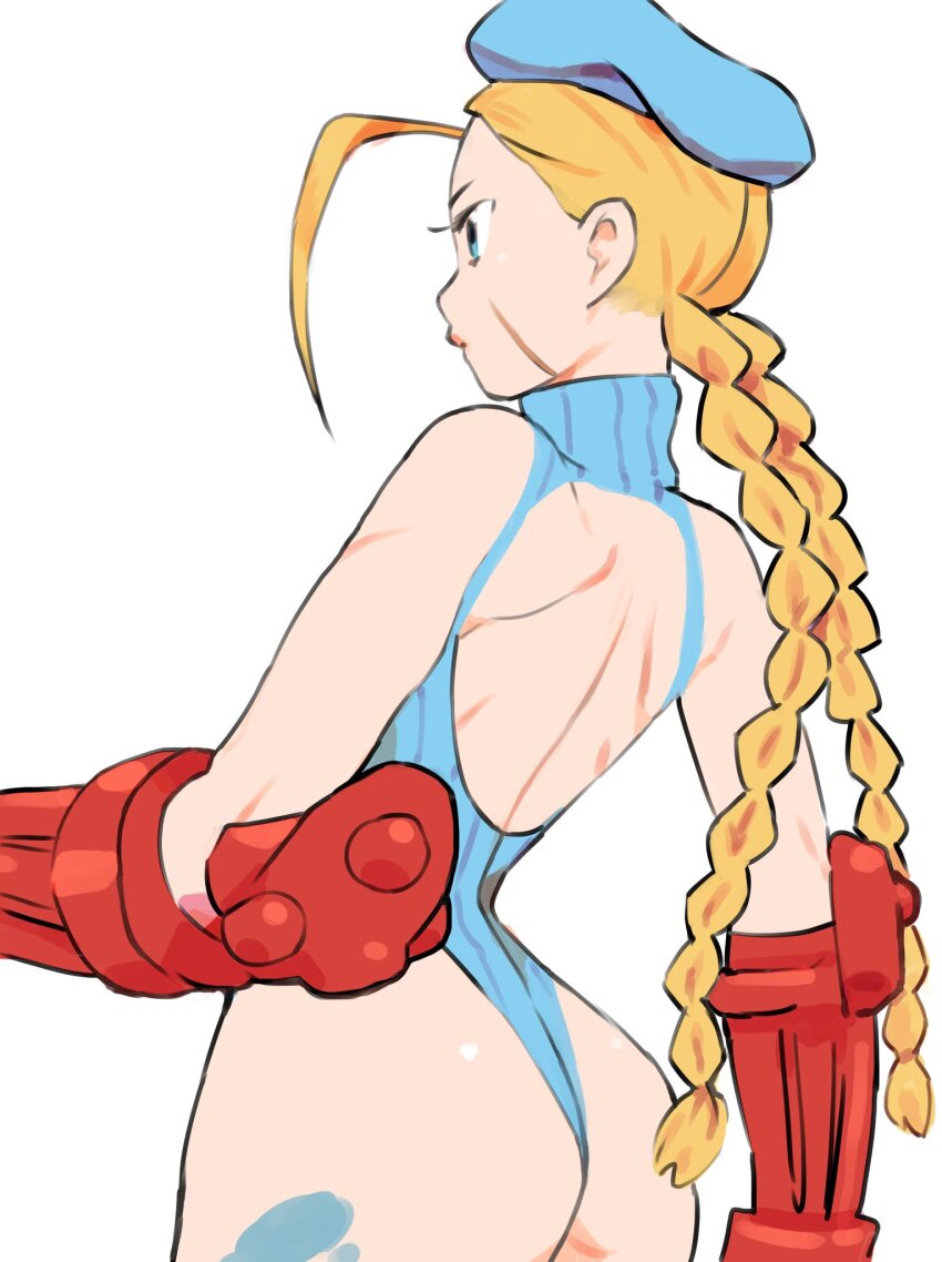 1girl ass blonde_hair blue_eyes blue_hat blue_leotard bodypaint boots braid brown_boots cammy_white capcom closed_mouth facial_scar facing_away fingerless_gloves gan2 garrison_cap gloves hat highleg highleg_leotard highres leotard long_hair necktie red_gloves ribbed_leotard scar scar_on_cheek scar_on_face simple_background solo street_fighter street_fighter_zero_(series) twin_braids white_background yellow_necktie