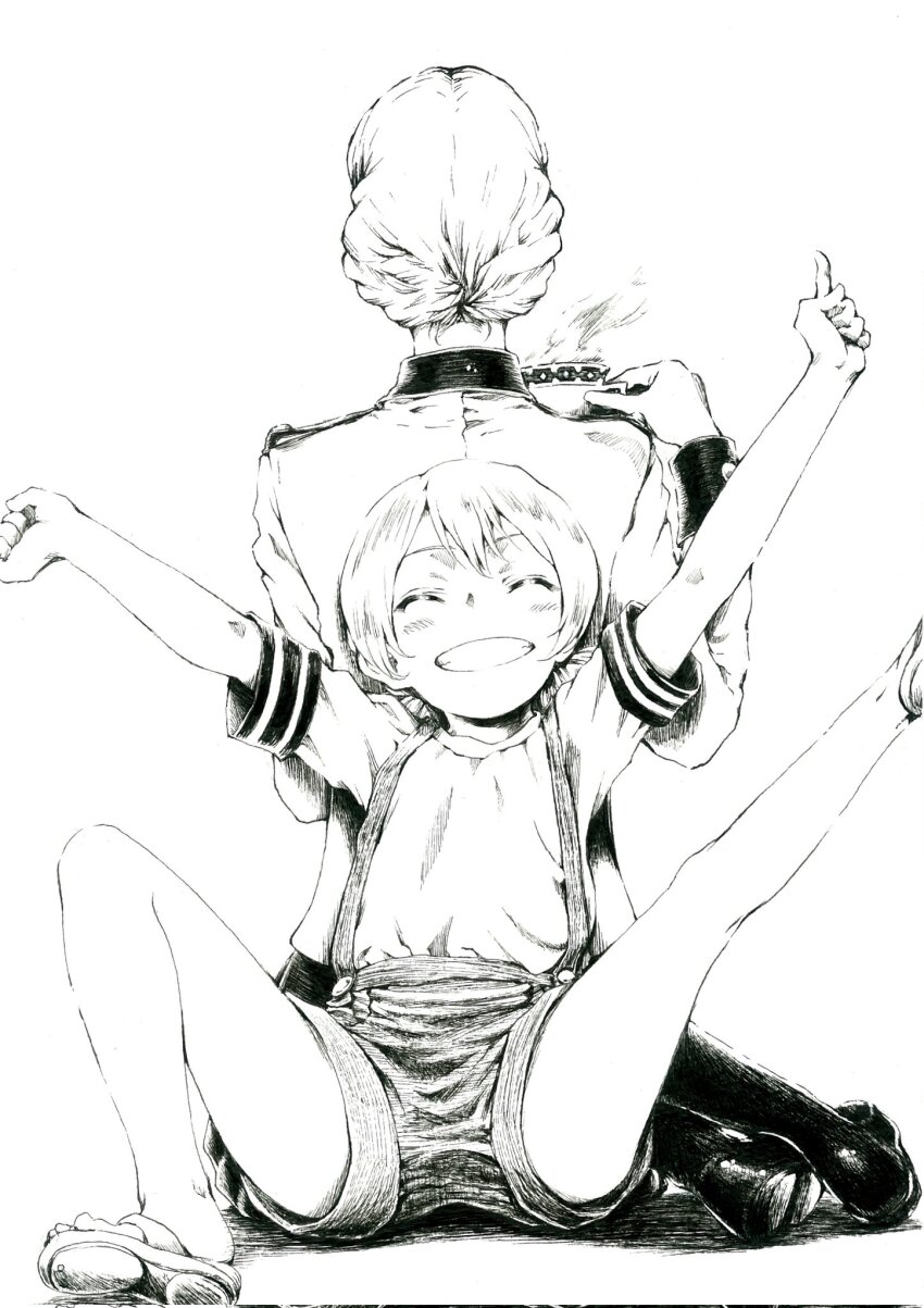 1girl aged_down back boots closed_eyes cup darjeeling_(girls_und_panzer) girls_und_panzer hair_up happy highres holding holding_cup monochrome sandals sawamin school_uniform shirt shorts simple_background sitting st._gloriana&#039;s_school_uniform suspender_shorts suspenders t-shirt white_background