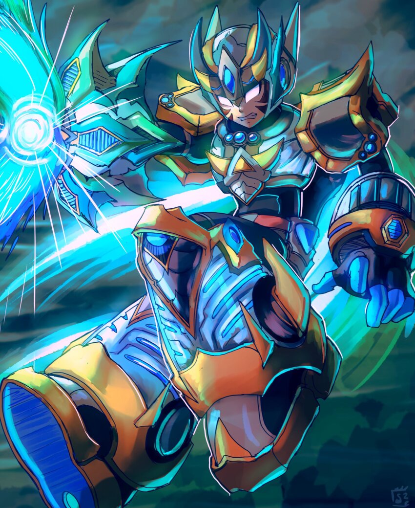 1boy alternate_color alternate_costume alternate_eye_color arm_cannon armor blue_gemstone capcom chest_jewel clenched_teeth commentary corruption crossover dark_persona english_commentary facial_tattoo fierce_deity fingerless_gloves fire firing flying gem gloves glowing hal_laboratory helmet highres knee_up leg_up legs looking_to_the_side male_focus mega_man_(series) mega_man_x_(series) nintendo no_pupils possessed possession stoic_seraphim tattoo teeth the_legend_of_zelda the_legend_of_zelda:_majora&#039;s_mask thrusters triangle triangle_print weapon white_eyes x_(mega_man)
