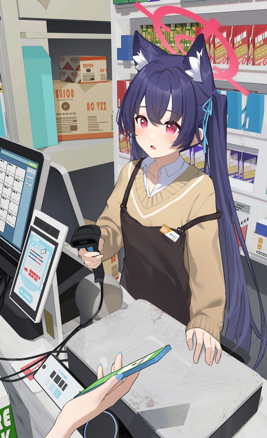 1girl 1other absurdres animal_ears apron barcode_scanner black_hair blue_archive blue_nails blue_ribbon blush cash_register cellphone chinese_commentary collared_shirt commentary_request fang hair_ribbon halo hgoo highres holding holding_barcode_scanner holding_phone indoors long_hair open_mouth phone pink_eyes red_halo ribbon serika_(blue_archive) shirt smartphone sweater twintails white_shirt