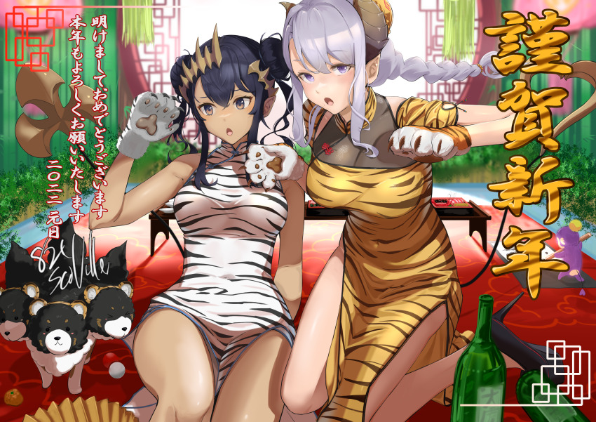 2girls :o absurdres animal_ear_hairband animal_ears animal_hands animal_print arm_support armpit_crease artist_name asymmetrical_horns bare_arms black_dog black_hair black_shoes braid breasts brown_eyes brown_horns bun_cover calligraphy calligraphy_brush cerberus china_dress chinese_clothes chinese_zodiac claws cleavage commentary_request covered_navel dark_skin demon_girl demon_horns demon_tail double_bun dress empty_bottle eyelashes fake_animal_ears floating_hair gloves hair_bun hairband hand_up hands_up high_heels highres holding holding_calligraphy_brush holding_paintbrush honey_strap horns kneeling large_breasts long_hair long_sidelocks looking_at_viewer medium_breasts medium_dress mole mole_under_mouth monkey multiple_girls nanashi_inc. new_year open_mouth orange_gloves paintbrush paw_gloves platform_heels pointy_ears purple_eyes round_window saionji_mary sankyo_(821-scoville) see-through_cleavage see-through_clothes shimamura_charlotte shoes short_sleeves side_slit sidelocks sitting sleeveless sleeveless_dress stiletto_heels table tail tiger_ears tiger_print translation_request uneven_horns virtual_youtuber white_dress white_gloves white_tiger_print window year_of_the_tiger yellow_dress