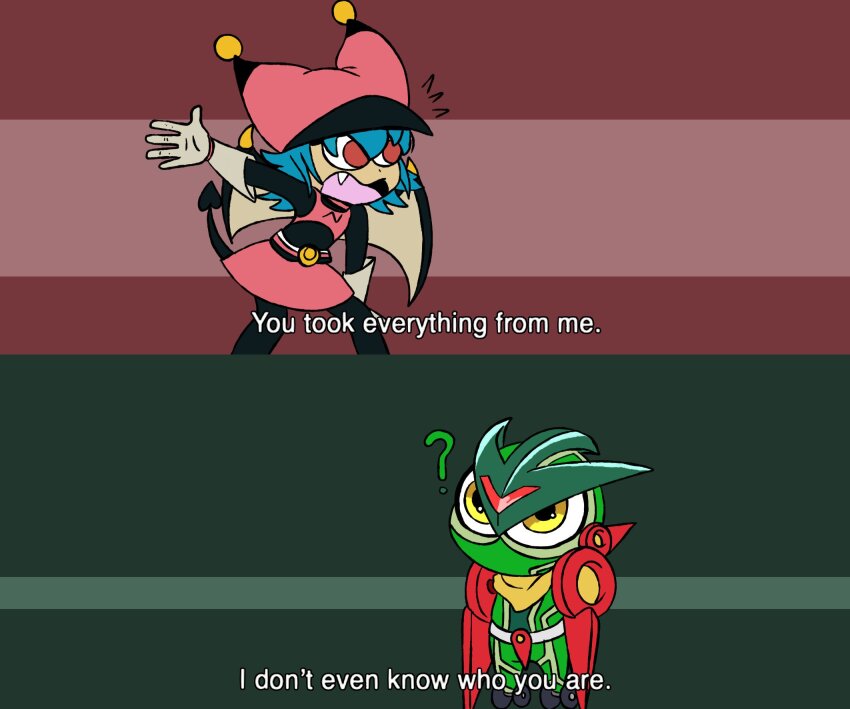 angry appmon belt confused digimon digimon_(creature) djdiscobot fang gloves hat highres looking_at_another marvel meme name_connection navimon_(appmon) navimon_(digimon) open_mouth red_eyes spikes tail wings yellow_eyes