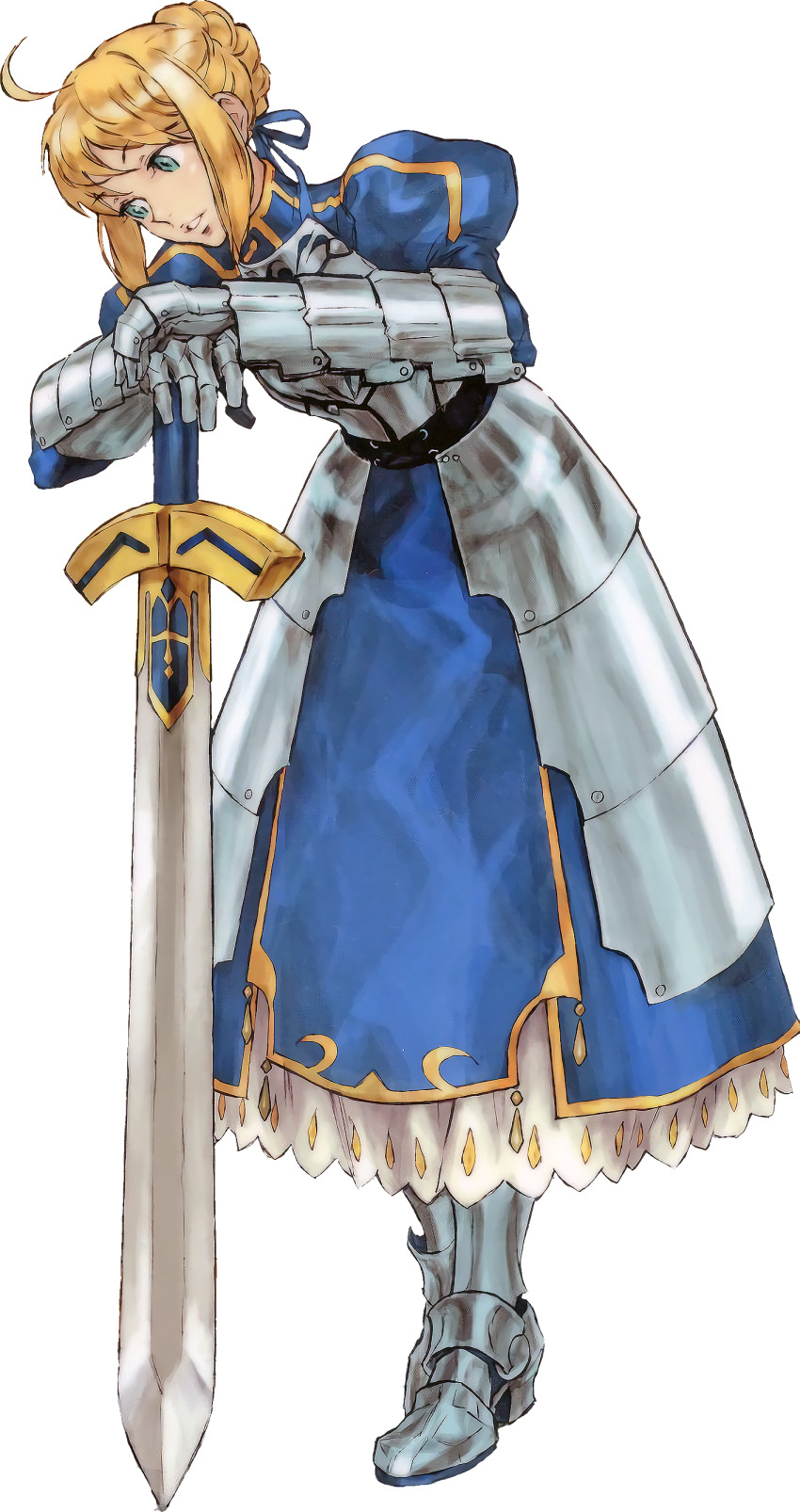 1girl absurdres ahoge aqua_eyes armor armored_boots armored_dress artoria_pendragon_(fate) blonde_hair blue_dress boots braid braided_bun dress fate/stay_night fate_(series) gauntlets hair_bun highres leaning_on_object nishimura_kinu open_mouth planted planted_sword planted_weapon saber_(fate) sidelocks solo sword teeth third-party_edit third-party_extraction third-party_source transparent_background weapon