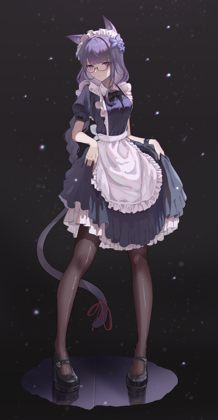 1girl absurdres alternate_costume animal_ear_fluff animal_ears black_background black_bow black_bowtie black_pantyhose blunt_bangs blurry blurry_background bow bowtie braid cat_ears cat_girl cat_tail chinese_commentary closed_mouth collared_dress dress expressionless eyeliner flower flower_ornament frilled_dress frills full_body genshin_impact glasses hair_flower hair_ornament head_tilt headdress highres light_particles long_braid long_hair looking_at_viewer looking_to_the_side maid makeup mole mole_under_eye pantyhose puffy_short_sleeves puffy_sleeves purple_eyes purple_flower purple_hair raiden_shogun red_eyeliner red_ribbon ribbon shade short_sleeves single_braid solo standing tail tail_ornament tail_ribbon vvna9