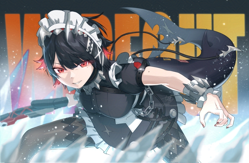 1girl awono_nanaumi black_dress black_hair breasts colored_inner_hair commentary dress ellen_joe english_commentary fins fish_tail frilled_wristband hairband highres large_breasts maid maid_headdress metal_hairband mole mole_on_arm mole_under_eye multicolored_hair pantyhose red_eyes red_hair red_nails scar scar_on_tail shark_girl shark_tail short_hair short_sleeves smile solo spiked_headband standing tail zenless_zone_zero