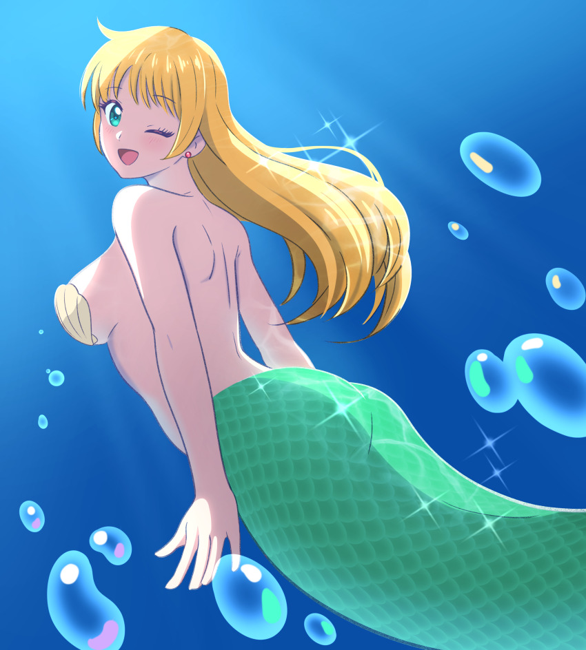 1girl absurdres air_bubble ass back bikini blonde_hair breasts bubble commentary_request commission earrings from_behind green_eyes green_tail highres jewelry kiria021 large_breasts long_hair looking_at_viewer looking_back mermaid monster_girl original pixiv_commission scales shell shell_bikini solo swimming swimsuit underwater