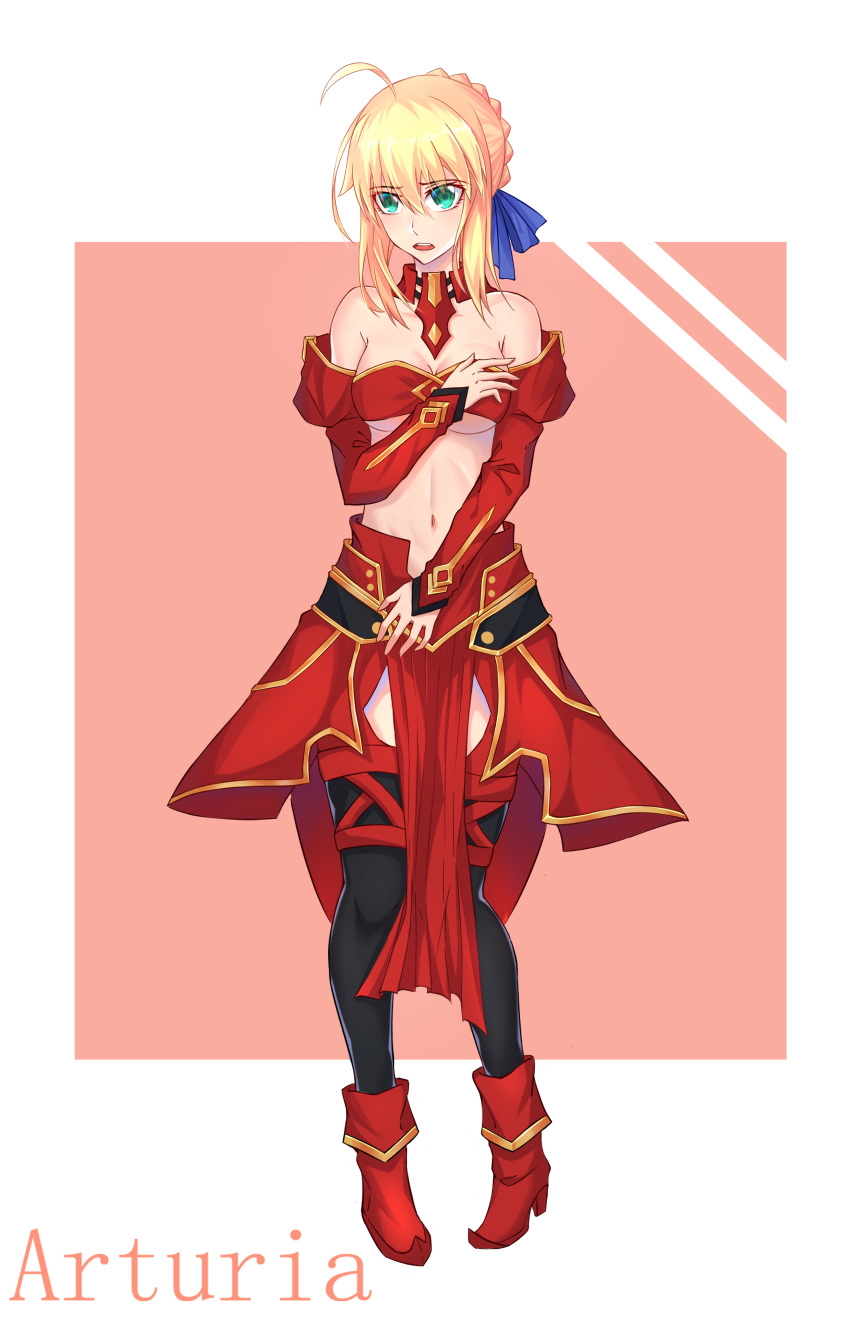 1girl 333_(pixiv8601259) absurdres ahoge aqua_eyes artoria_pendragon_(fate) averting_eyes bandeau black_thighhighs blonde_hair blue_ribbon boots border breasts bun_with_braided_base character_name choker cleavage cosplay covering_breasts covering_crotch covering_privates detached_sleeves embarrassed fate/apocrypha fate/stay_night fate_(series) female_focus full_body gold_trim hair_between_eyes hair_bun hair_intakes hair_ribbon highres linea_alba midriff mordred_(fate) mordred_(fate)_(cosplay) mordred_(fate/apocrypha) navel open_mouth pink_background red_bandeau red_boots red_skirt ribbon saber_(fate) sidelocks single_hair_bun skirt solo standing stomach thighhighs underboob underwear white_border