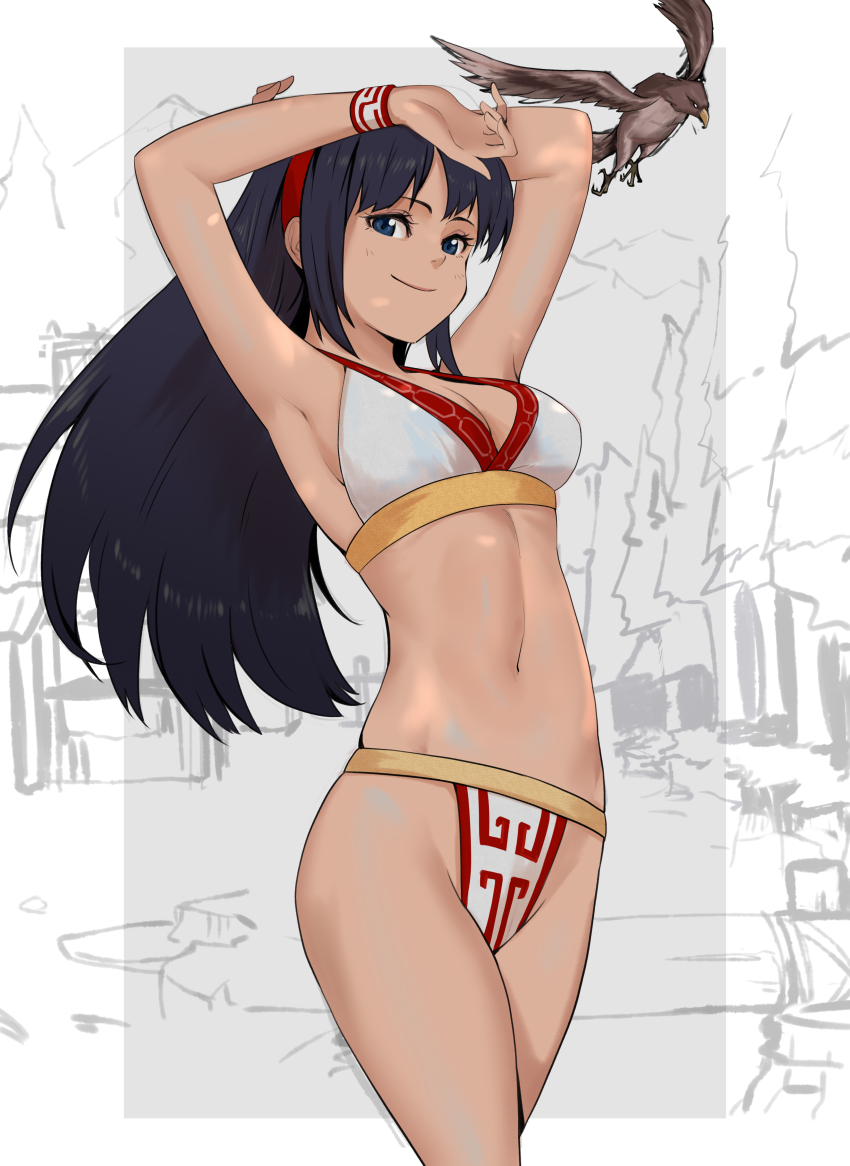 1girl absurdres ainu_clothes apupudesu armpits arms_behind_head bikini black_hair blue_eyes breasts cleavage hair_ribbon half-closed_eyes highres large_breasts legs long_hair looking_at_viewer mamahaha nakoruru navel ribbon samurai_spirits seductive_gaze seductive_smile sideboob smile snk swimsuit the_king_of_fighters thighs white_bikini