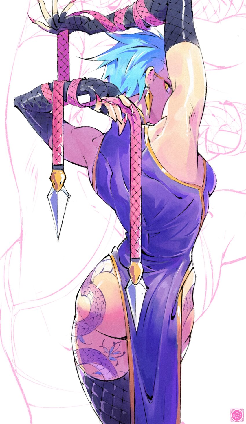 1girl absurdres ass character_request chinese_clothes copyright_request earrings highres jewelry lambsplash looking_at_viewer looking_back tattoo weapon