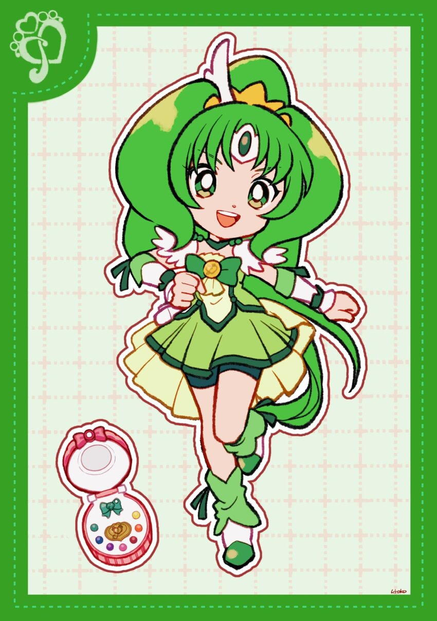1girl anklet ascot boots border bow bowtie brooch choker circlet clenched_hands compact_(cosmetics) cosmetics cure_march deformed dot_nose dotted_line eyelashes feather_sleeves full_body gold_tiara green_ascot green_background green_border green_bow green_bowtie green_choker green_eyes green_hair green_ribbon green_shirt green_shorts green_skirt green_theme green_wrist_cuffs grid_background hair_ornament happy high_ponytail highres jewelry leg_up long_hair looking_at_viewer magical_girl midorikawa_nao miniskirt open_mouth outline pleated_skirt ponytail precure ribbon ribbon_legwear shirt short_sleeves shorts shorts_under_skirt sidelocks signature skirt skirt_set smile smile_precure! solo tareme teeth tiara train_(clothing) upper_teeth_only uwded_207 very_long_hair white_arm_warmers white_boots white_outline white_sleeves wing_hair_ornament wrist_cuffs