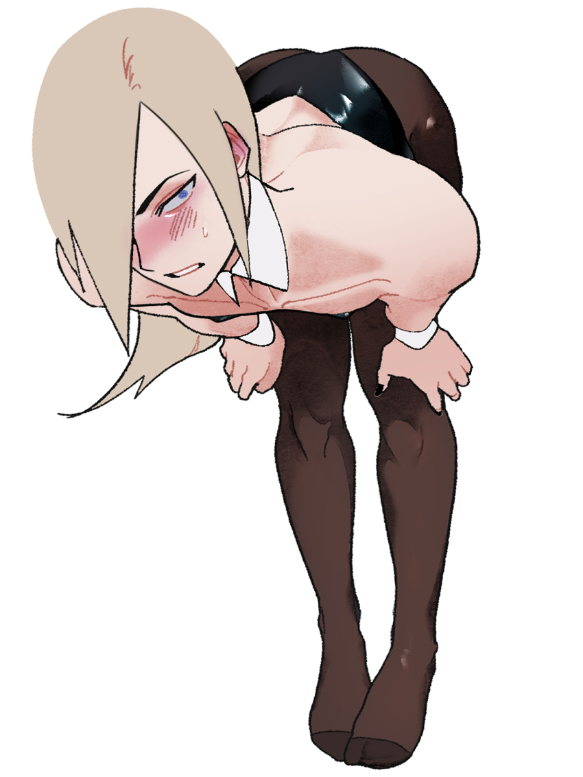 1boy androgynous bare_shoulders black_leotard black_nails black_pantyhose blonde_hair blue_eyes blush collarbone crossdressing crossdressing_(mtf) detached_collar hair_over_one_eye hands_on_own_knees hexermer highres leaning_forward leotard long_hair looking_to_the_side male_focus nail_polish nervous_sweating one_eye_covered pantyhose parted_lips saiki_(kof) sideways_glance simple_background solo sweat teeth the_king_of_fighters the_king_of_fighters_xiii white_background wrist_cuffs