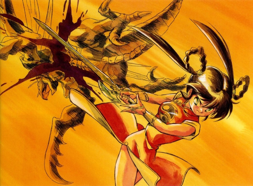 1990s_(style) 1girl blood bracelet braid brown_hair china_dress chinese_clothes closed_mouth dress gold_trim holding holding_sword holding_weapon jewelry long_hair mamono_hunter_youko mano_youko miyao_gaku monster official_art red_dress retro_artstyle shirt sleeveless sword twintails weapon yin_yang