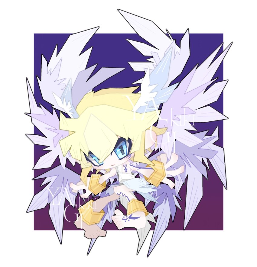 1boy angel blonde_hair blue_eyes body_markings border digimon digimon_(creature) feathered_wings full_body highres lucemon short_hair solo white_border white_wings wings yagi_kiki