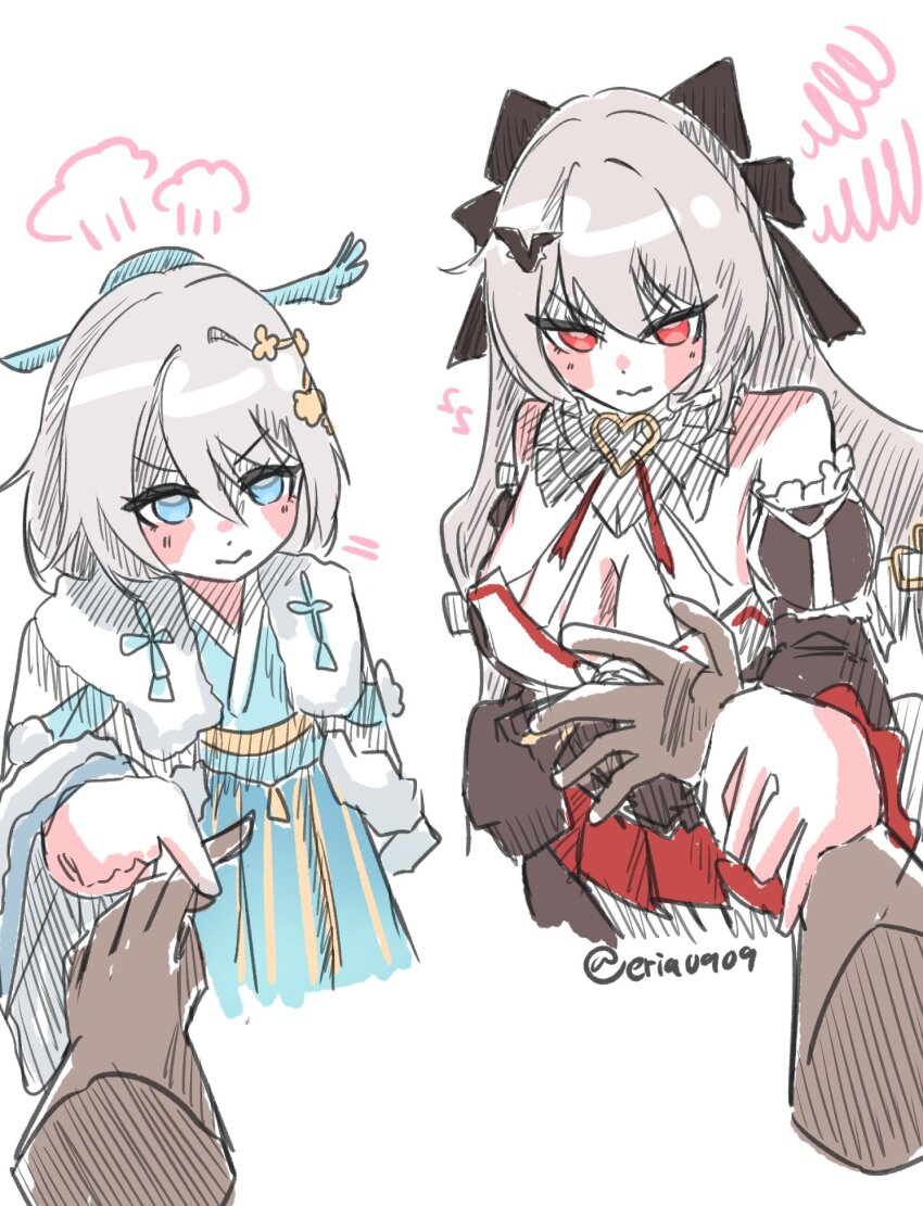 1other 2girls artist_name bat_hair_ornament blue_eyes blush breasts captain_(honkai_impact) chinese_clothes closed_mouth detached_sleeves disembodied_hand dual_persona eria0909 glaring grey_hair hair_between_eyes hair_ornament hair_stick highres holding_hands honkai_(series) honkai_impact_3rd korean_text large_breasts long_hair looking_at_another love_triangle multiple_girls pov pov_hands puff_of_air red_eyes simple_background sketch squiggle theresa_apocalypse theresa_apocalypse_(luna_kindred) theresa_apocalypse_(lunar_vow:_crimson_love) twitter_username v-shaped_eyebrows white_background zhuge_kongming_(honkai_impact)