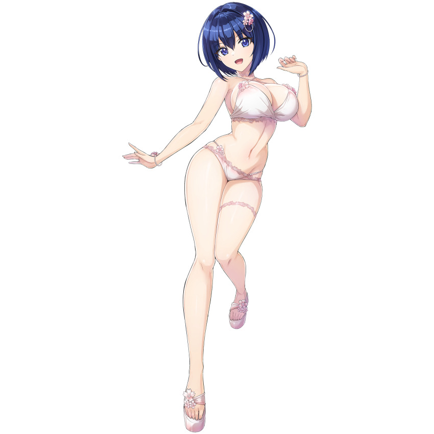 1girl bikini blue_eyes blue_hair bracelet breasts choker cleavage dolphin_wave flower flower_hairpin game_cg highres jewelry lace lace-trimmed_bikini lace_trim large_breasts looking_at_viewer navel non-web_source official_art ootomo_takuji open_mouth pink_bikini pink_choker pink_flower pink_sandals sandals short_hair smile sprite_art swimsuit thigh_strap tojou_michiru transparent_background