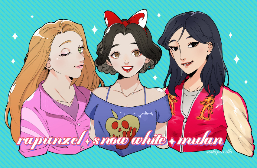 3girls black_hair blonde_hair disney fa_mulan_(disney) highres holding long_hair looking_at_viewer mulan_(movie) multiple_girls rapunzel_(disney) shirt short_hair simple_background snow_white snow_white_(disney) snow_white_and_the_seven_dwarfs tangled wreck-it_ralph yunny_(cureyunny)