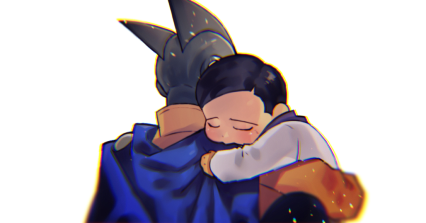 2boys black_hair blue_cape cape carrying_over_shoulder die_(f_mega) dr._hedo dragon_ball dragon_ball_super dragon_ball_super_super_hero closed_eyes gamma_2 jacket lab_coat male_focus multiple_boys simple_background sleeping white_background yellow_jacket