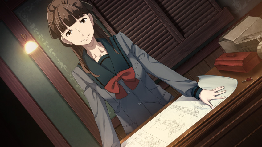 1girl aged_down bad_tag blazer blueprint_(object) blunt_bangs bow breasts brown_eyes brown_hair buttons chest_bow chuo_tanegashima_high_school_uniform chuo_tanegashima_high_winter_school_uniform closed_mouth collarbone dutch_angle fingernails fukuda_tomonori game_cg green_sailor_collar grey_jacket grey_shirt hands_on_table highres indoors jacket looking_at_viewer mecha medium_breasts official_art ponytail pov red_bow robot robotics;notes sailor_collar school_uniform senomiya_misaki shiny_eyes shirt smile solo toolbox window