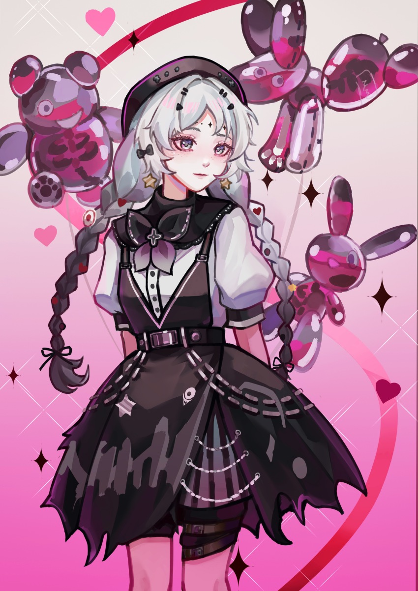1girl absurdres arms_behind_back balloon_animal balloon_party beret black_bow black_bowtie black_hat black_skirt bow bowtie braid cowboy_shot earrings facial_mark forehead_mark gradient_hair grey_eyes grey_hair hat heart highres jewelry long_hair looking_to_the_side low_twin_braids miniskirt mofa_shaonu_yuan multicolored_hair overall_skirt pink_background puffy_short_sleeves puffy_sleeves reverse:1999 shirt short_sleeves skirt solo sparkle sparkle_facial_mark star_(symbol) star_earrings twin_braids very_long_hair white_shirt