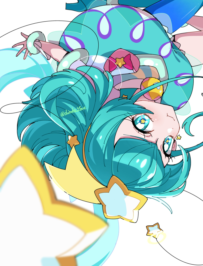 1girl :t antennae aqua_eyes aqua_hair blurry bracelet cure_milky depth_of_field gradient_thighhighs hagoromo_lala hair_ornament highres jewelry kirakira_precure_a_la_mode looking_at_viewer medium_hair pout precure puffy_short_sleeves puffy_shorts puffy_sleeves see-through_clothes see-through_sleeves shirako_love shooting_star_hair_ornament short_sleeves shorts simple_background single_thighhigh solo star_(symbol) star_hair_ornament star_in_eye symbol_in_eye thighhighs upside-down v-shaped_eyebrows white_background