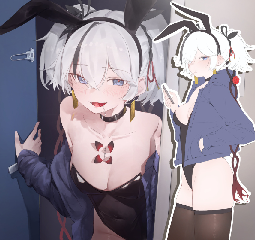 1girl alternate_costume animal_ear_hairband animal_ears bare_shoulders black_choker black_leotard black_thighhighs blue_eyes blue_jacket breasts camellya_(wuthering_waves) cellphone choker clothes_down collarbone commentary covered_navel doorway earrings fake_animal_ears gold_earrings hair_between_eyes hair_vines hairband hand_in_pocket highres holding holding_phone hood hood_down hooded_jacket jacket jewelry leotard light_blush lollipop_in_mouth looking_at_viewer medium_breasts multiple_views open_clothes open_jacket open_mouth phone playboy_bunny pov_doorway rabbit_ear_hairband rabbit_ears red_pupils short_hair smartphone smile strapless strapless_leotard tacet_mark_(wuthering_waves) thighhighs thighs white_hair wuthering_waves xaea_xp