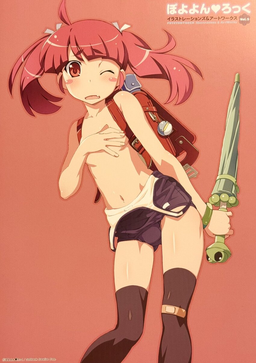 backpack bag bandaid bandaid_on_clothes bandaid_on_knee bandaid_on_leg blush blush_stickers bracelet covering_chest covering_nipples covering_privates embarrassed highres jewelry looking_at_viewer one_eye_closed randoseru red_background red_eyes red_hair school_swimsuit swimsuit thighhighs translated twintails umbrella watanabe_akio watanabe_akio_(style)