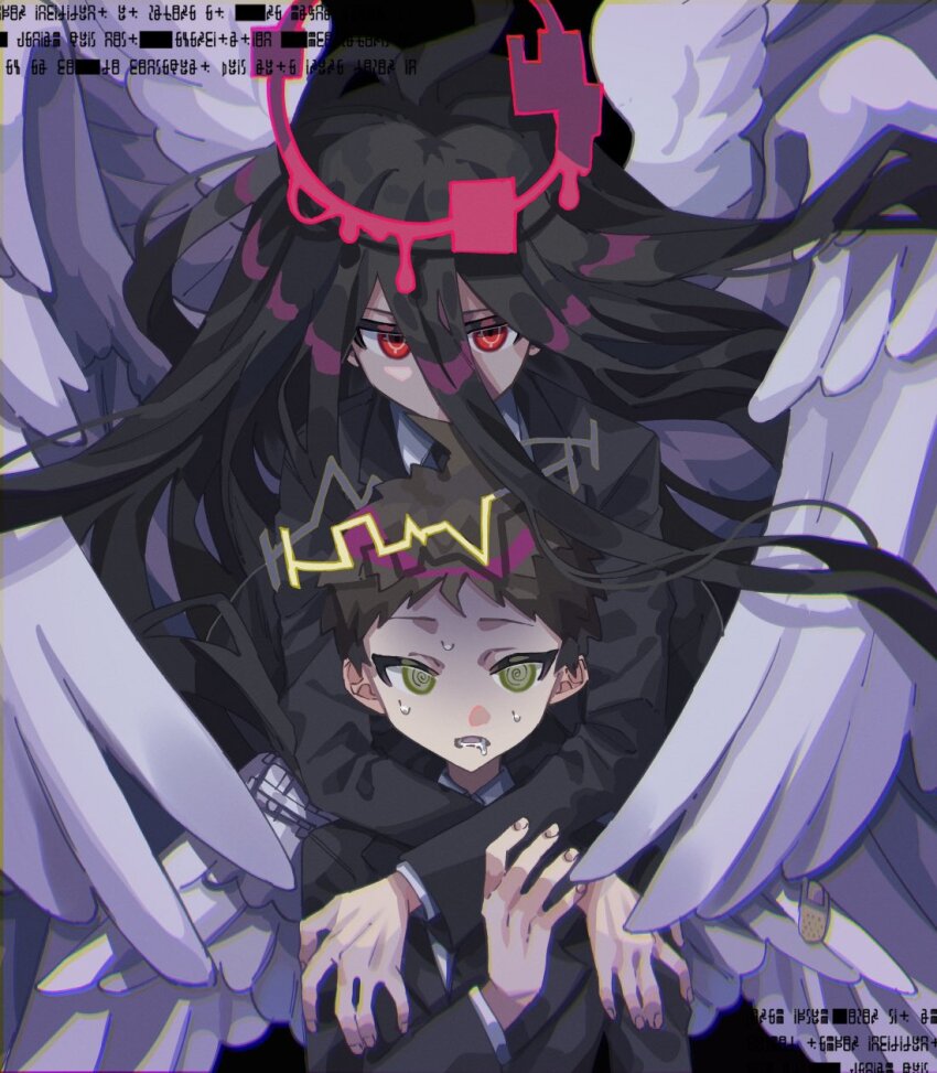 2boys ahoge angel_wings bandaid_on_wing black_hair black_jacket blood blood_halo brown_hair danganronpa_(series) danganronpa_2:_goodbye_despair green_eyes halo highres hinata_hajime jacket kamukura_izuru liquid_halo long_hair lower_teeth_only multiple_boys oh_0409 pink_halo saliva short_hair sweat teeth upper_body wings