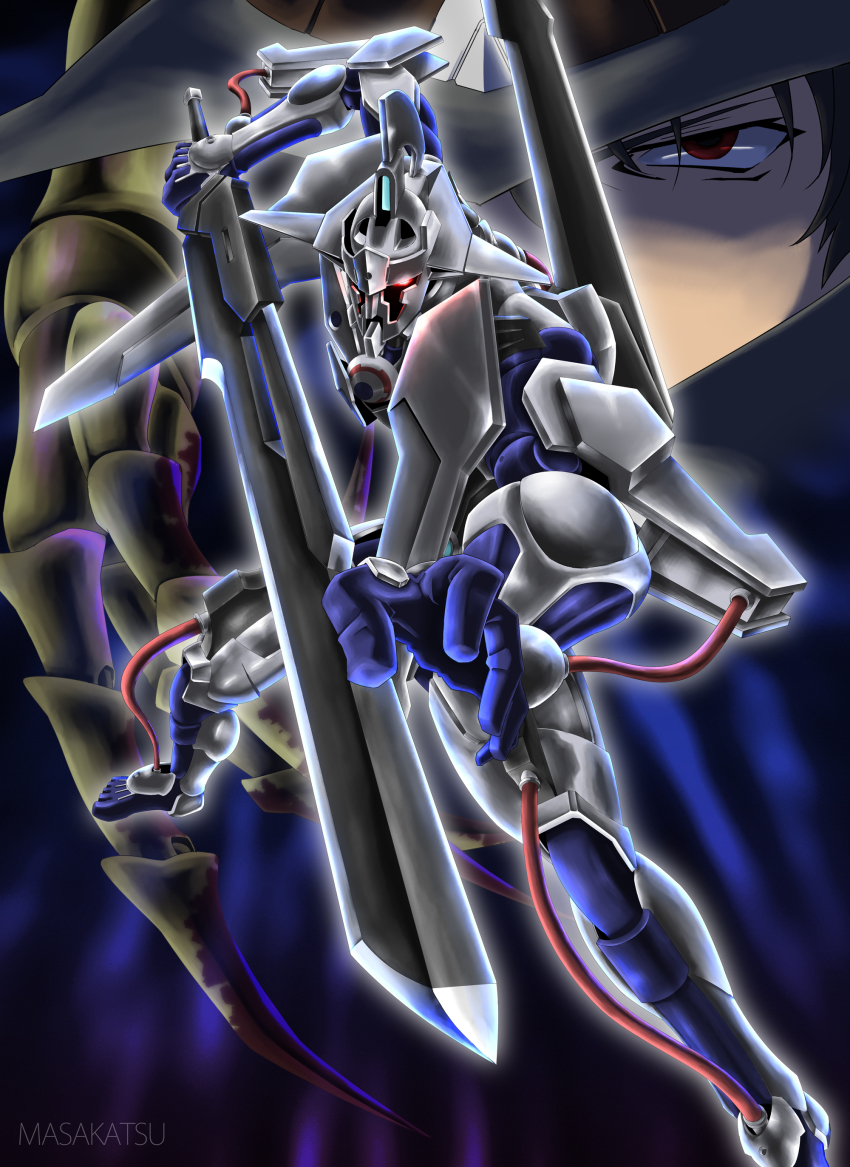 absurdres artist_name blood cable claws cut-in dann_of_thursday fighting_stance gunxsword hat highres masakatsu_(xg-70b) mecha prosthesis prosthetic_arm red_eyes robot sword van_(gunxsword) weapon