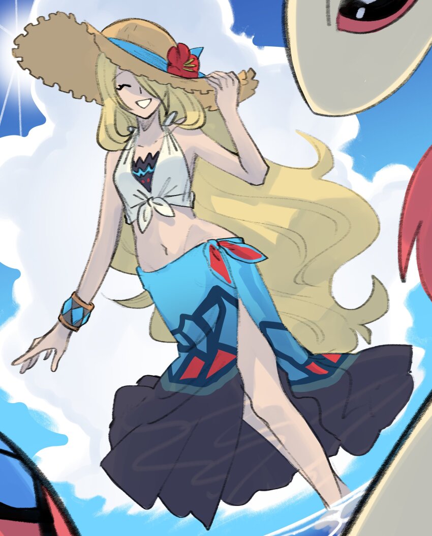 absurdres bikini bikini_under_clothes blue_sarong brown_hat cynthia_(pokemon) cynthia_(summer_2025)_(pokemon) flower flower_hat gen_3_pokemon hair_over_one_eye hat hat_flower highres milotic nintendo official_alternate_costume pokemon pokemon_(creature) pokemon_masters_ex sarong shirt straw_hat sun_hat swimsuit tied_shirt