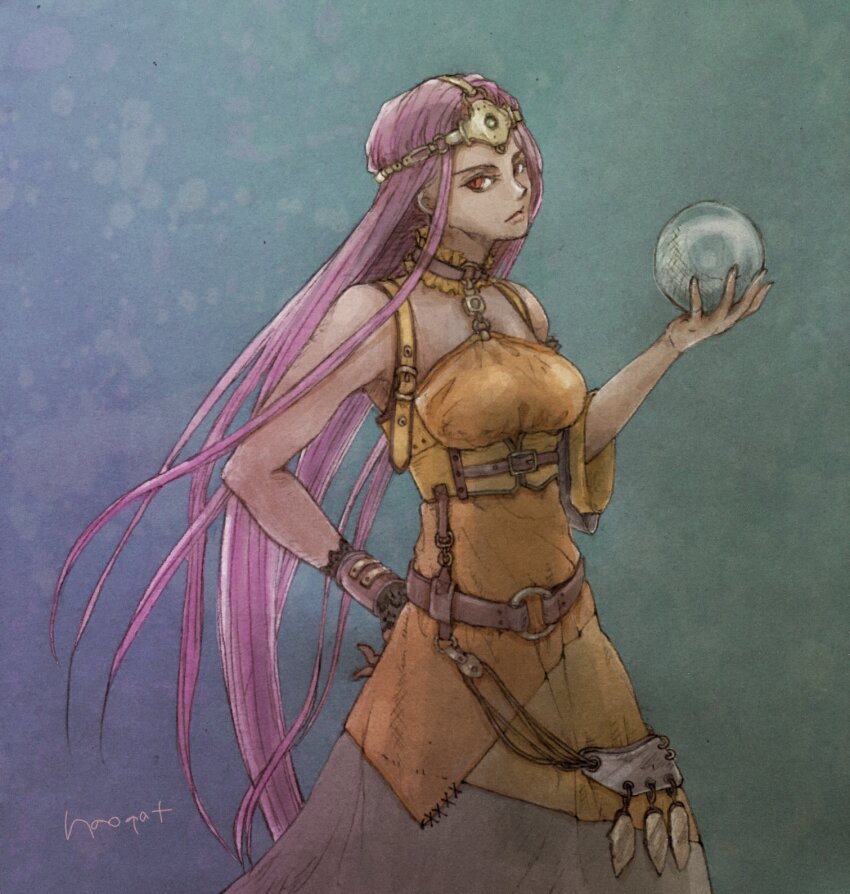 1girl adapted_costume alternate_costume alternate_eye_color bare_shoulders belt breasts brown_belt chest_harness circlet collar crystal_ball dark-skinned_female dark_skin detached_sleeves dragon_quest dragon_quest_iv dress forehead_jewel framed_breasts frilled_collar frills gem green_gemstone hand_on_own_hip hand_up harness highres holding_orb long_hair looking_at_viewer minea_(dq4) naoqat o-ring o-ring_belt orb purple_hair red_eyes single_detached_sleeve solo steampunker_(terraria) strapless strapless_dress underbust wrist_guards