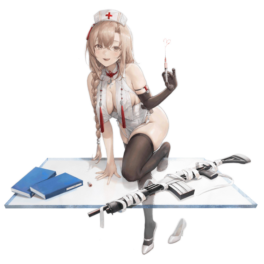 1girl arm_support bandages bare_shoulders binder black_gloves black_thighhighs blush braid breast_curtains breasts brown_eyes cleavage cross cross_necklace douya_(233) dress elbow_gloves full_body girls&#039;_frontline gloves gun hair_between_eyes hair_over_shoulder has_bad_revision has_censored_revision hat heart high_heels highres holding holding_syringe jewelry knee_up large_breasts leg_support licking_lips light_brown_hair long_hair looking_at_viewer magazine_(weapon) necklace no_panties nurse_cap official_alternate_costume official_art parted_lips shelf shell_casing shoes shotgun simple_background single_glove single_shoe skindentation sleeveless sleeveless_dress smile solo standing standing_on_one_leg syringe tassel teeth thighhighs third-party_source tongue tongue_out transparent_background type_97_shotgun type_97_shotgun_(girls&#039;_frontline) type_97_shotgun_(truth_serum_abuser)_(girls&#039;_frontline) unworn_shoe upper_teeth_only weapon white_dress white_hat white_shoes